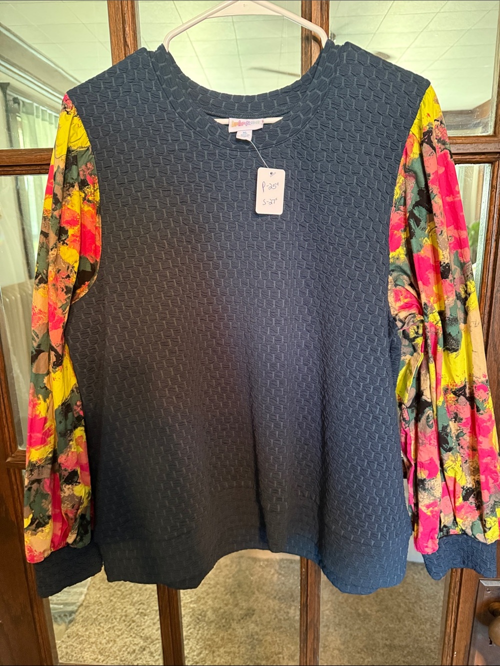 LuLaRoe Navy Textured Knit Top with Bright Floral Balloon Sleeves